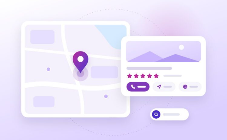 Illustration of a map pin next to a business profile with five stars